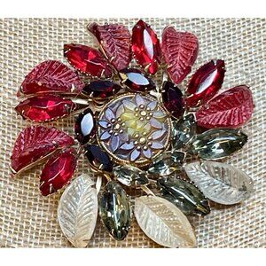 Vintage Judy Lee Maroon Rhinestone Floral Brooch
